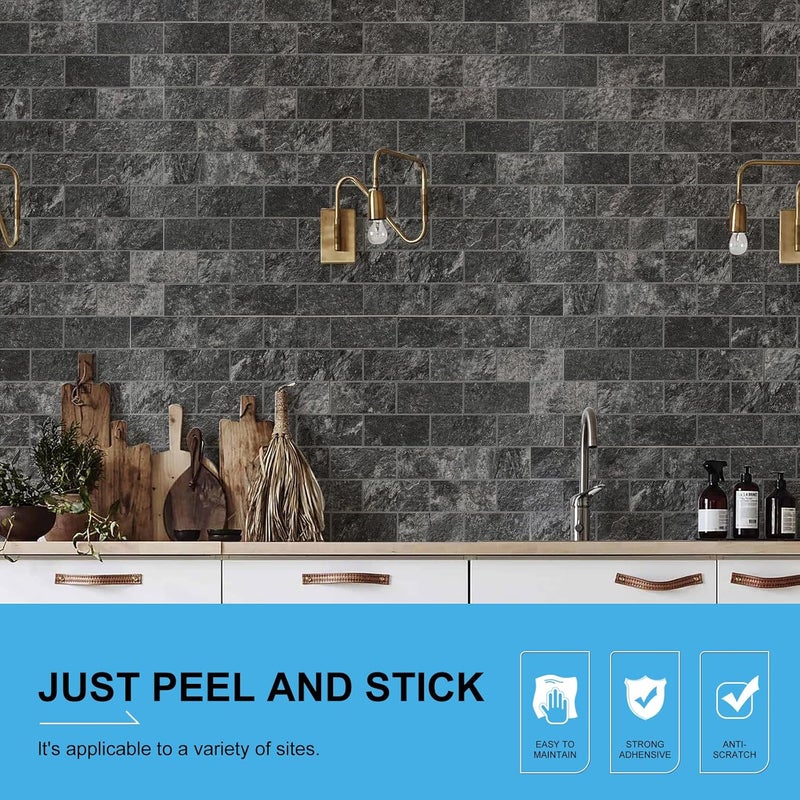 V-MOZZA 20-Sheet Peel and Stick Backsplash PVC Wall Tile, Stickon Tile for Kitchen Backplash, Bathroom Vanities, Fireplace Decor, Laundry Table, Stair Decals in Dark Granite, Plastic-Sheets - Image 2